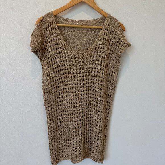 Italian Gold Woven Metallic Knit Pullover Cold Shoulder Tunic Cover-Up Top Dress - Picture 8 of 9